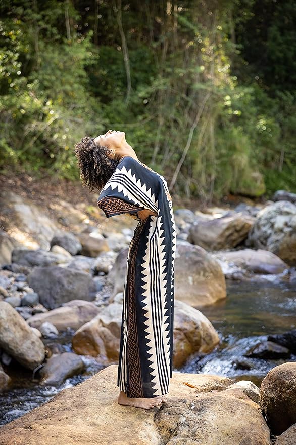 ELGA Kaftan Maxi Long Dress Soft Breathable Cotton-Rayon Fabric Tribal Black White African Patterns Boho Festival Elegant Shamanic