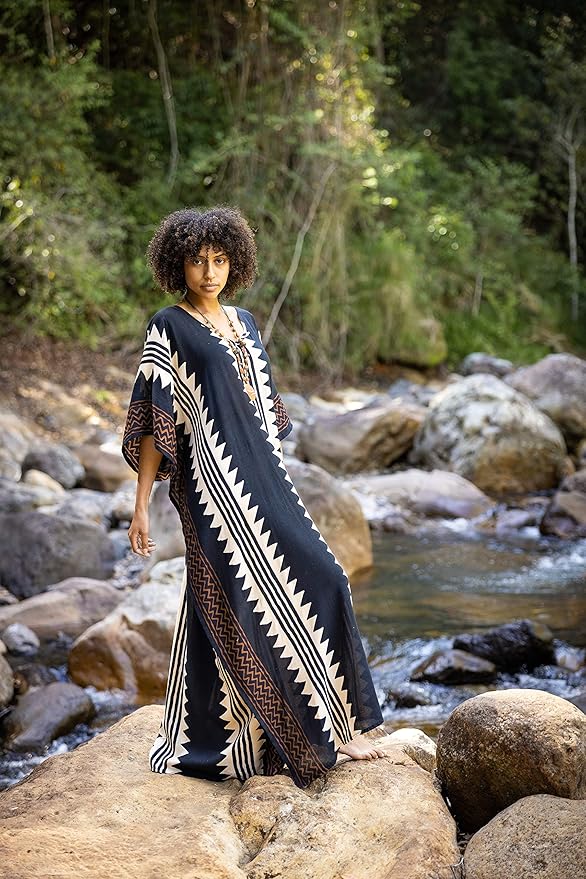 ELGA Kaftan Maxi Long Dress Soft Breathable Cotton-Rayon Fabric Tribal Black White African Patterns Boho Festival Elegant Shamanic