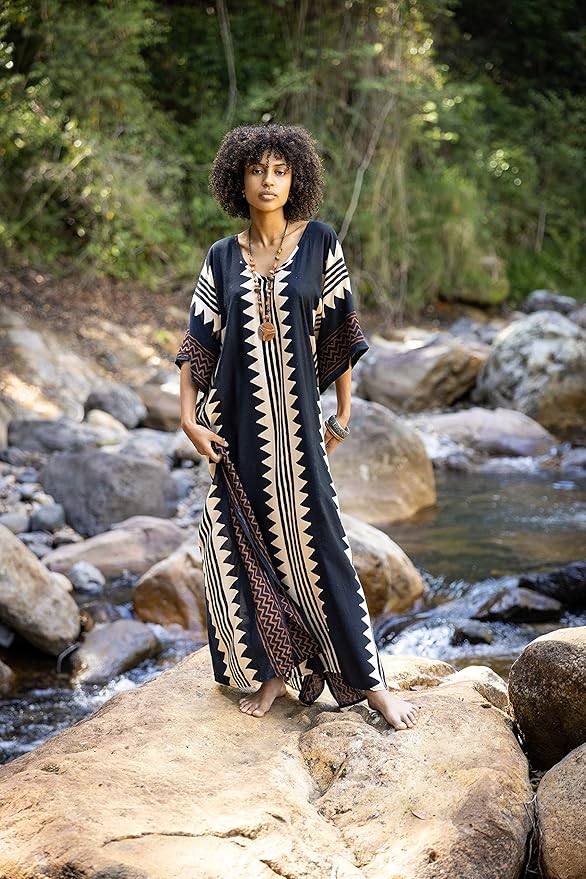 ELGA Kaftan Maxi Long Dress Soft Breathable Cotton-Rayon Fabric Tribal Black White African Patterns Boho Festival Elegant Shamanic