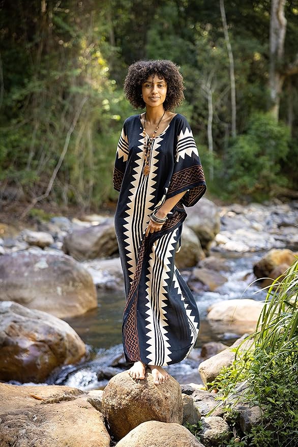 ELGA Kaftan Maxi Long Dress Soft Breathable Cotton-Rayon Fabric Tribal Black White African Patterns Boho Festival Elegant Shamanic