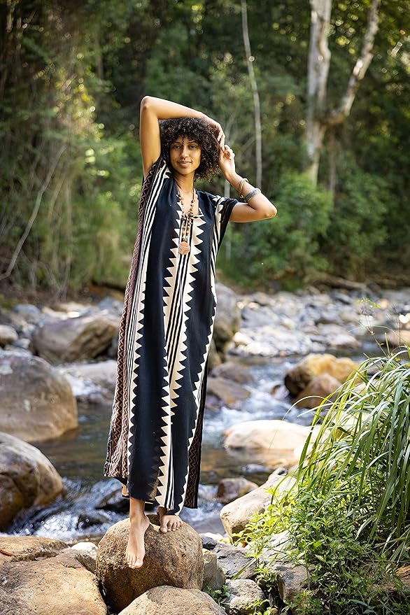 ELGA Kaftan Maxi Long Dress Soft Breathable Cotton-Rayon Fabric Tribal Black White African Patterns Boho Festival Elegant Shamanic