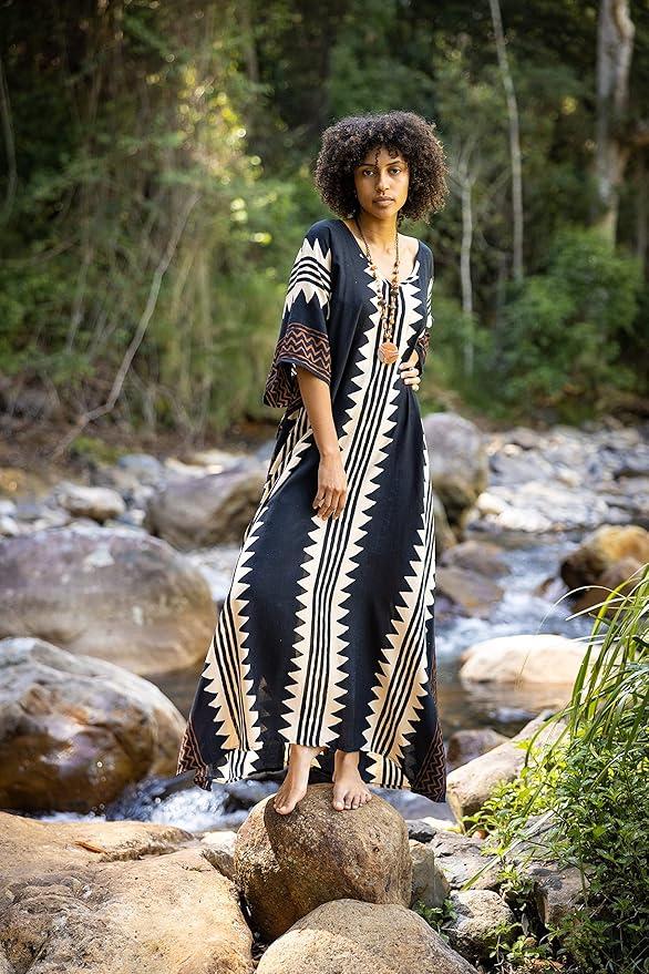 ELGA Kaftan Maxi Long Dress Soft Breathable Cotton-Rayon Fabric Tribal Black White African Patterns Boho Festival Elegant Shamanic