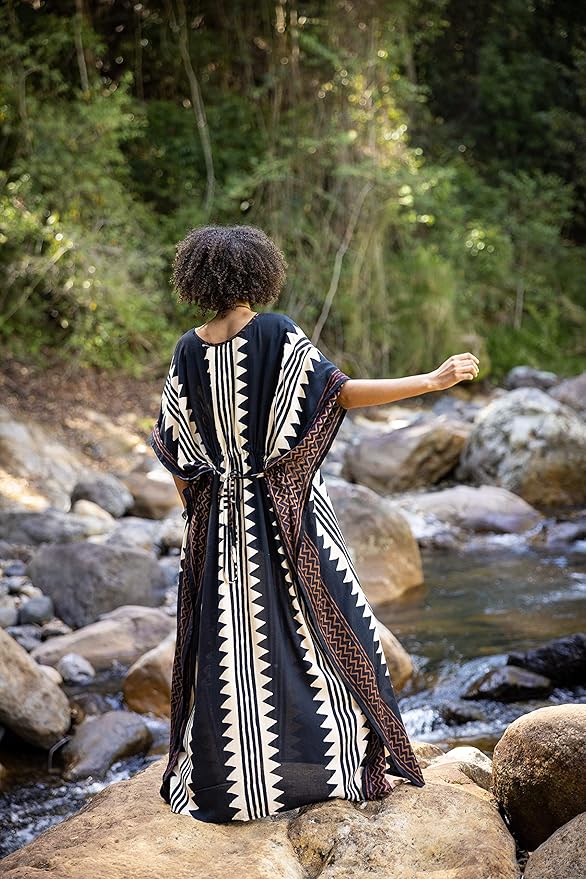 ELGA Kaftan Maxi Long Dress Soft Breathable Cotton-Rayon Fabric Tribal Black White African Patterns Boho Festival Elegant Shamanic