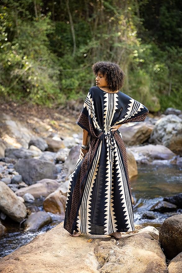 ELGA Kaftan Maxi Long Dress Soft Breathable Cotton-Rayon Fabric Tribal Black White African Patterns Boho Festival Elegant Shamanic