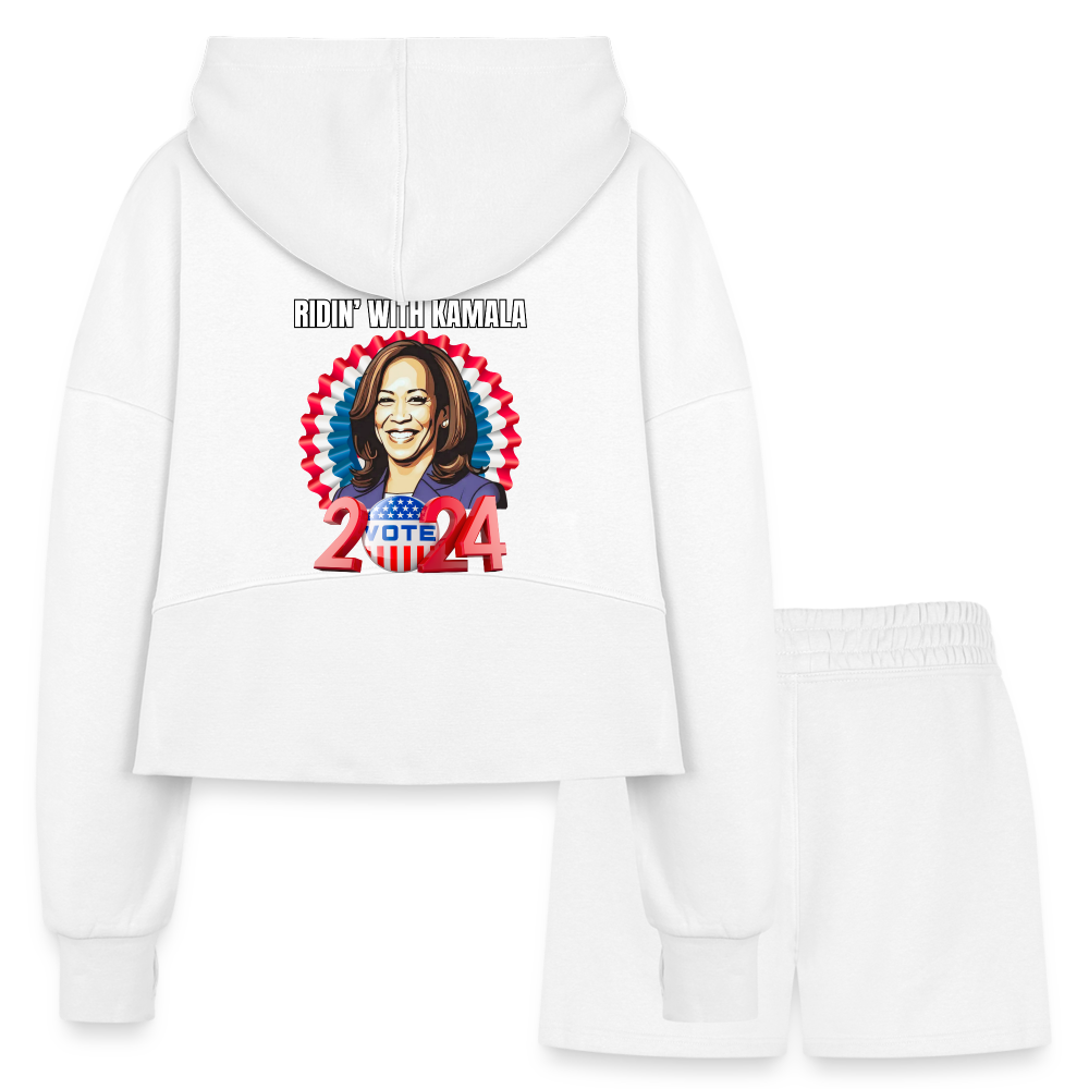 Ridin with Kamala harris for president 2024, Women’s Cropped Hoodie & Jogger Short Set - white