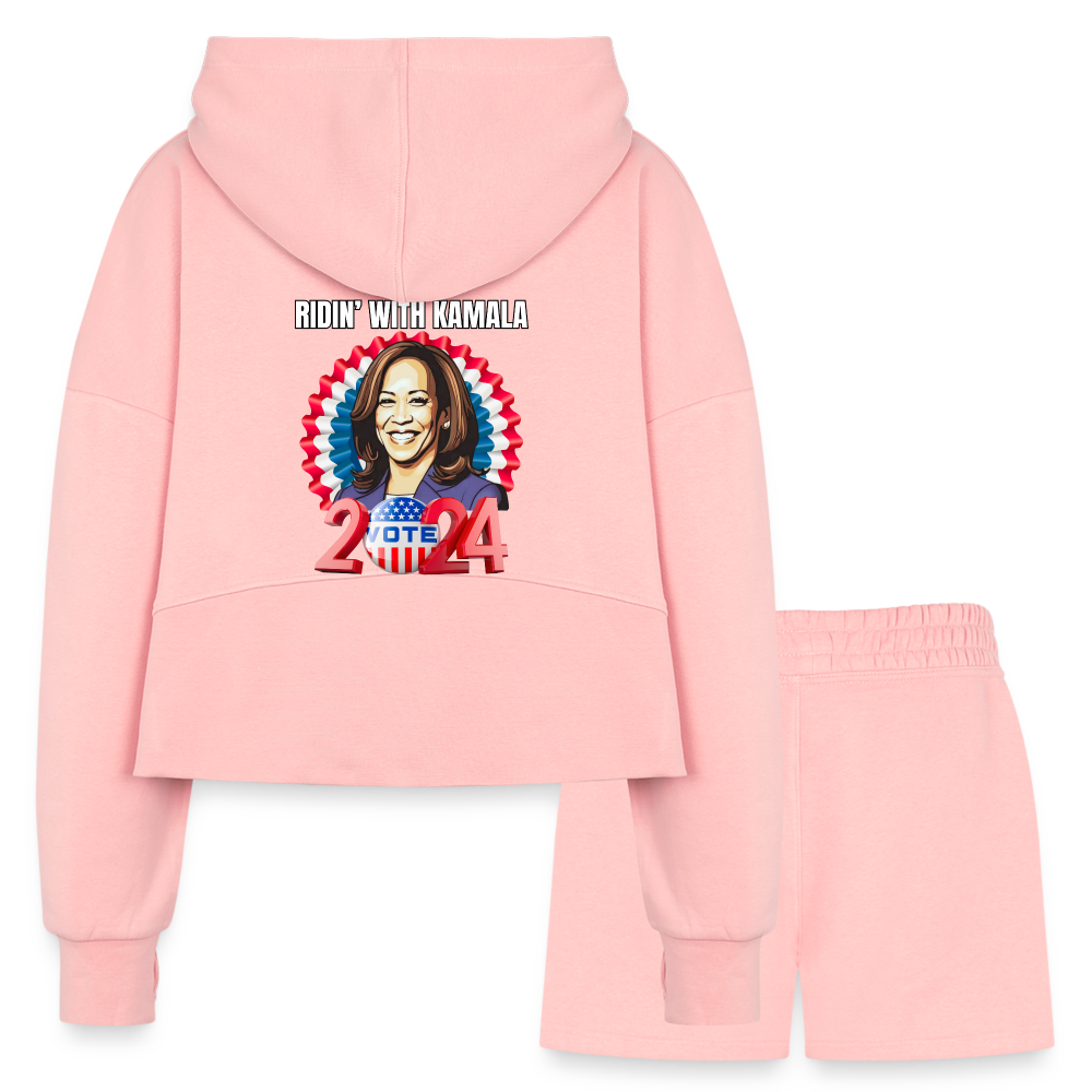 Ridin with Kamala harris for president 2024, Women’s Cropped Hoodie & Jogger Short Set - light pink