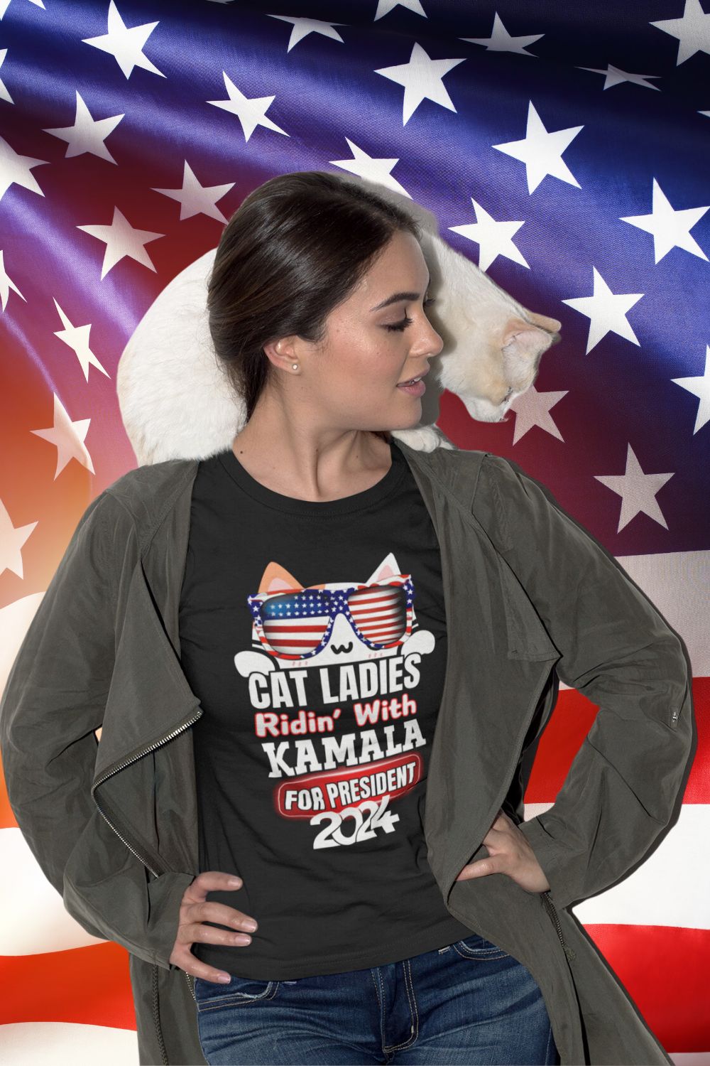 Cat Ladies, Vote for Harris 2024, Funny Ridin With Kamala T-Shirt