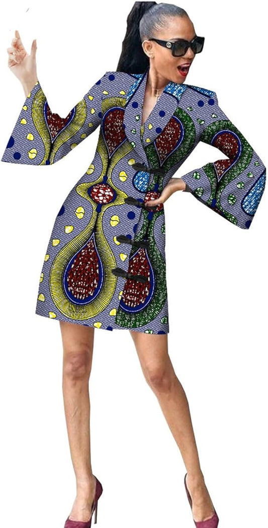 Women's Dresses Flared Sleeve Fashion Suit Short Dress African Printed Slim Dresses