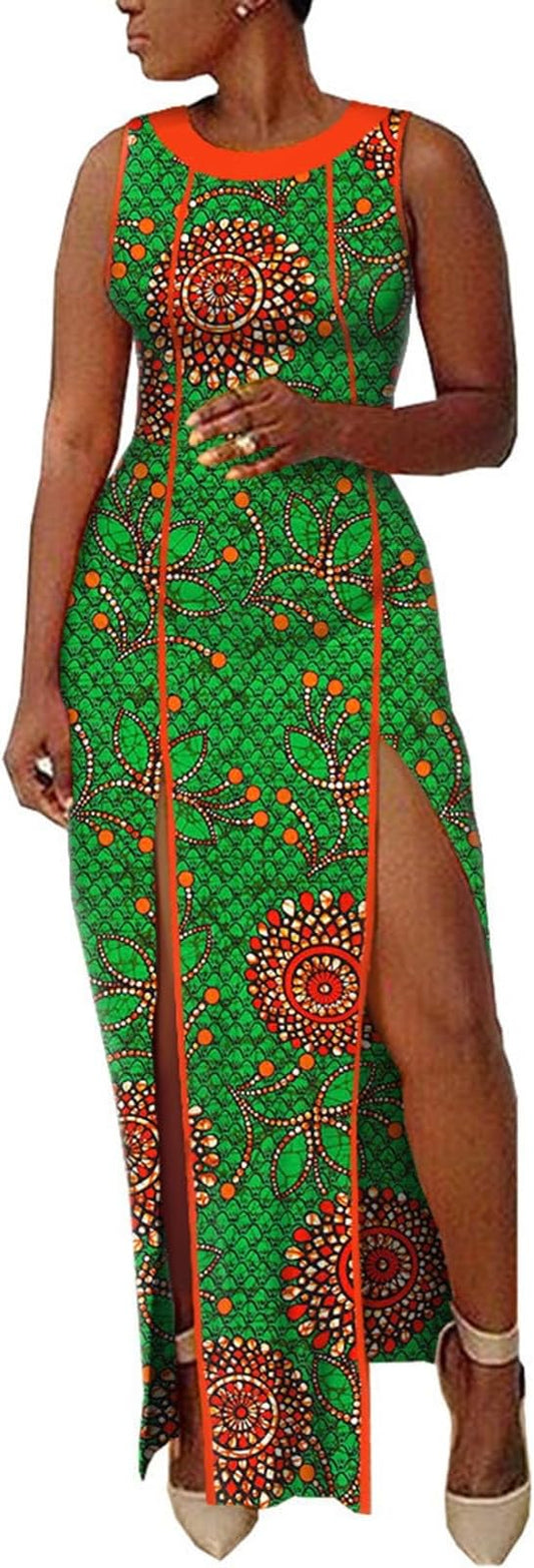 African Women's Printed Dress Cotton Sleeveless Split Fashion Dresses