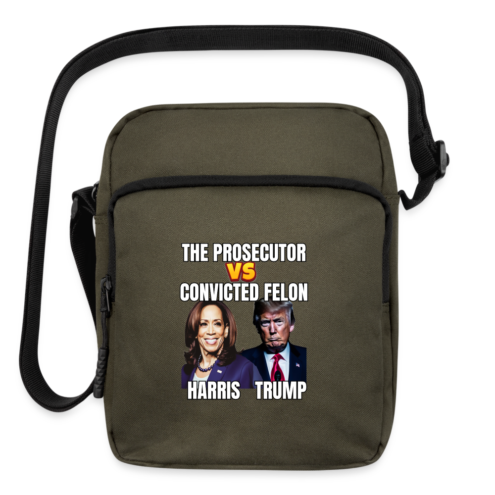 Kamala Harris Versus Donald Trump, The prosecutor faces the convicted felon. Upright Crossbody Bag - olive