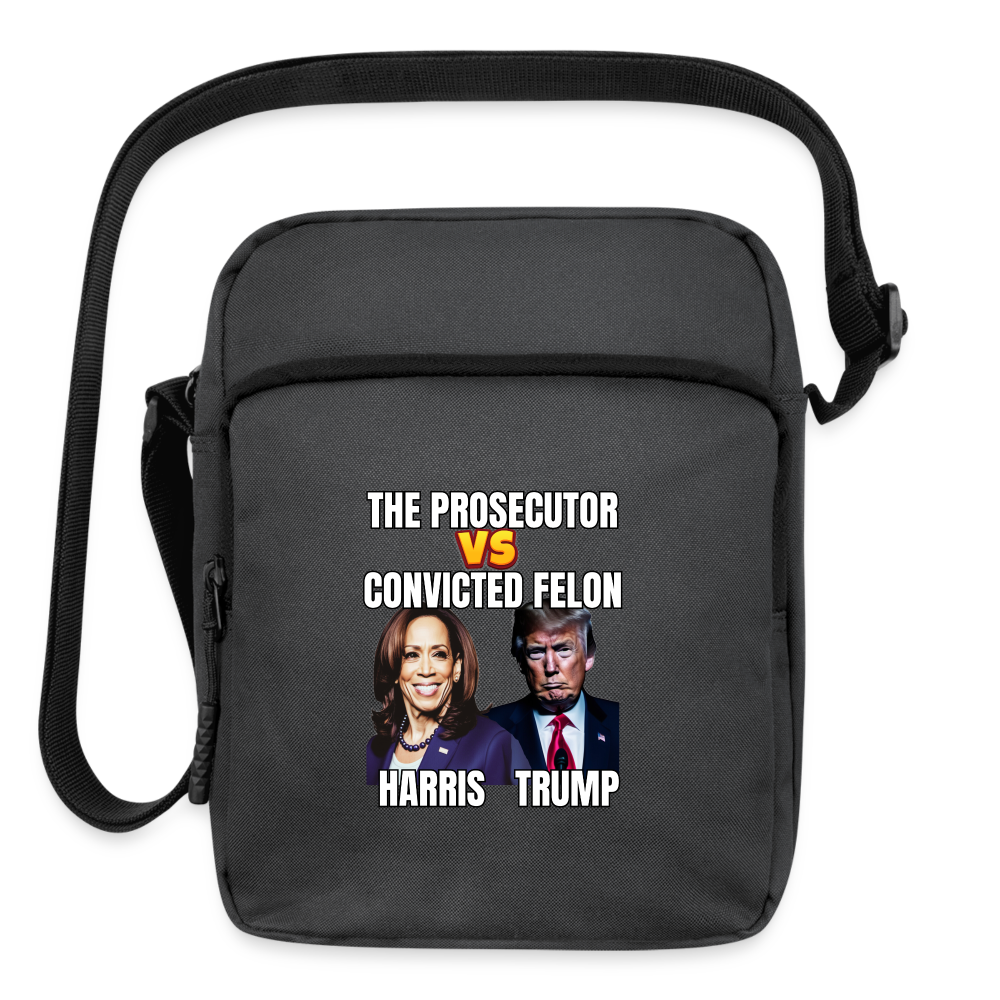 Kamala Harris Versus Donald Trump, The prosecutor faces the convicted felon. Upright Crossbody Bag - charcoal grey