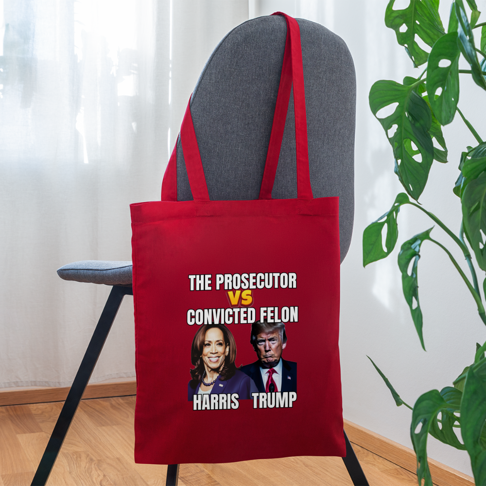 Kamala Harris Versus Donald Trump, The prosecutor faces the convicted felon. Tote Bag - red