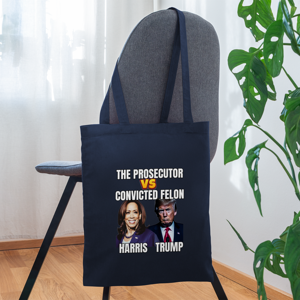 Kamala Harris Versus Donald Trump, The prosecutor faces the convicted felon. Tote Bag - navy