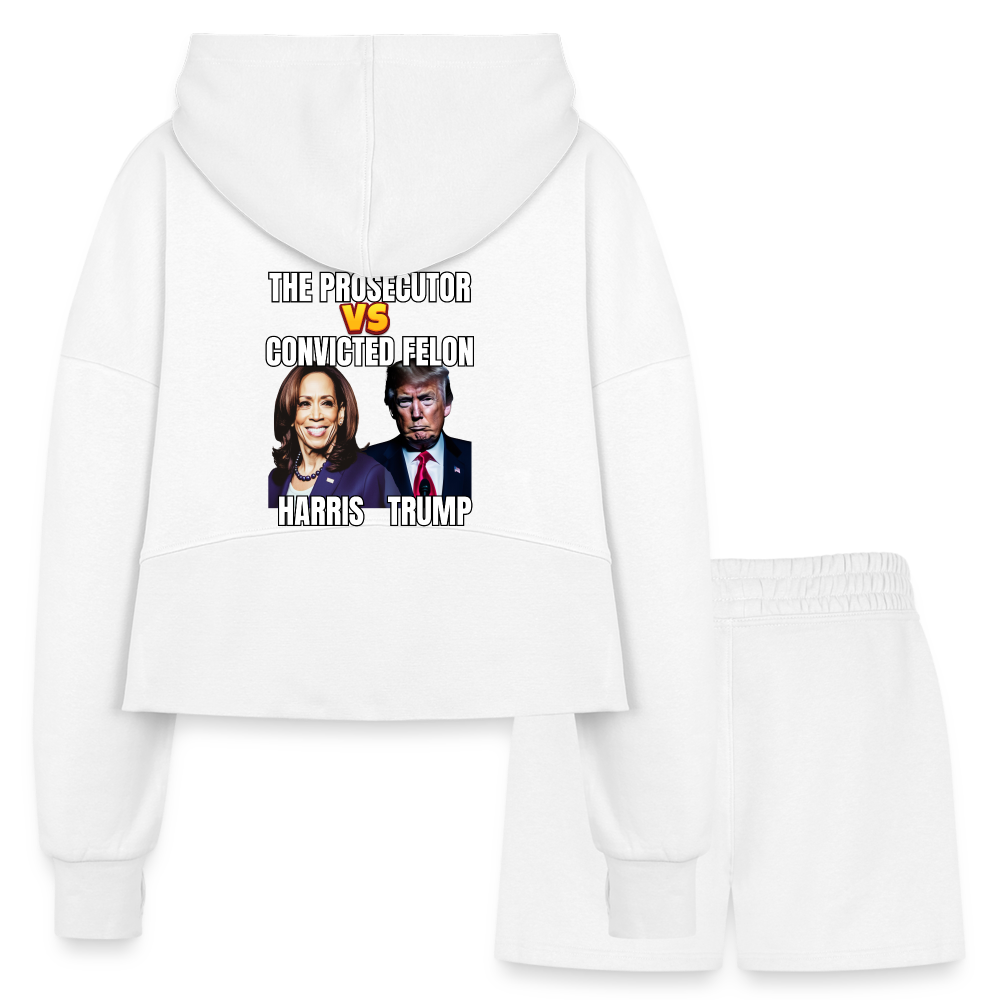 Kamala Harris Versus Donald Trump, The prosecutor faces the convicted felon. Women’s Cropped Hoodie & Jogger Short Set - white