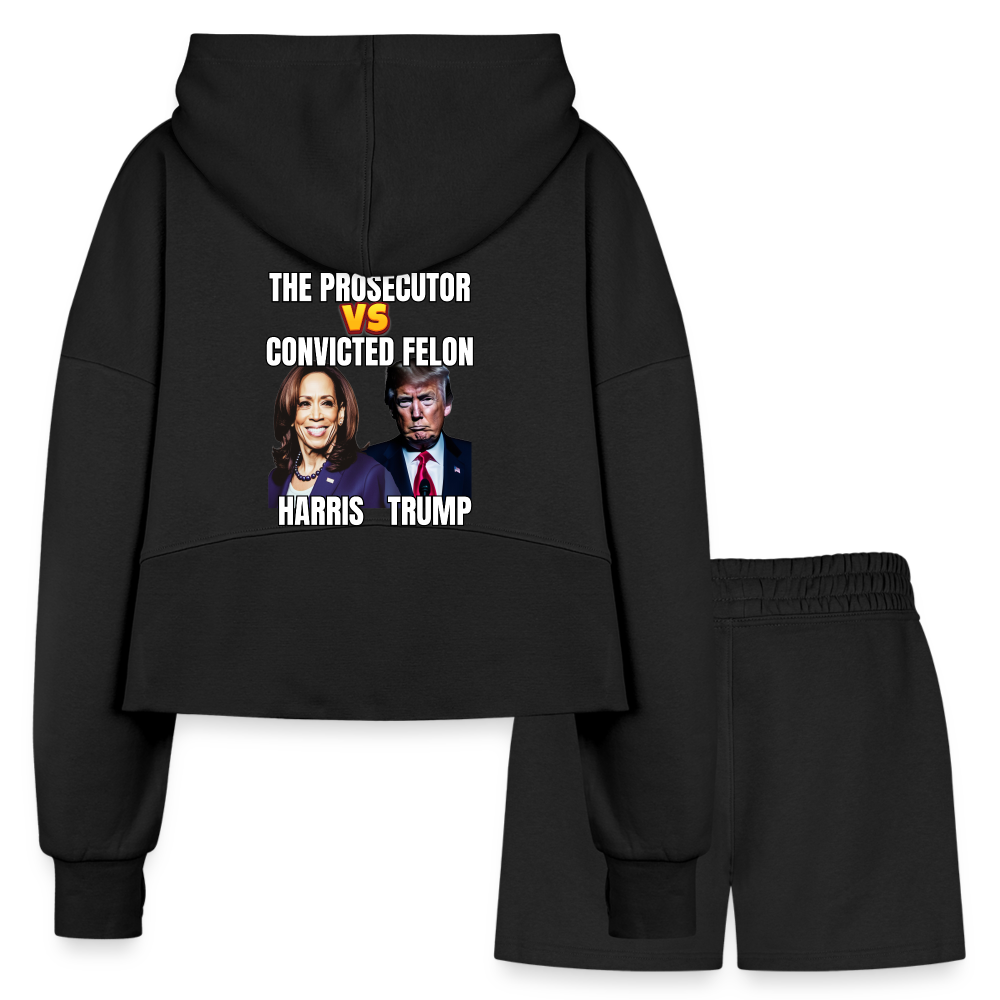 Kamala Harris Versus Donald Trump, The prosecutor faces the convicted felon. Women’s Cropped Hoodie & Jogger Short Set - black