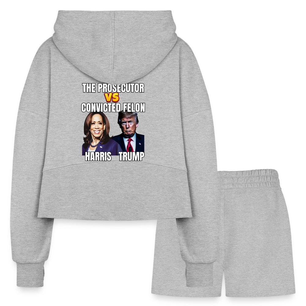 Kamala Harris Versus Donald Trump, The prosecutor faces the convicted felon. Women’s Cropped Hoodie & Jogger Short Set - heather gray