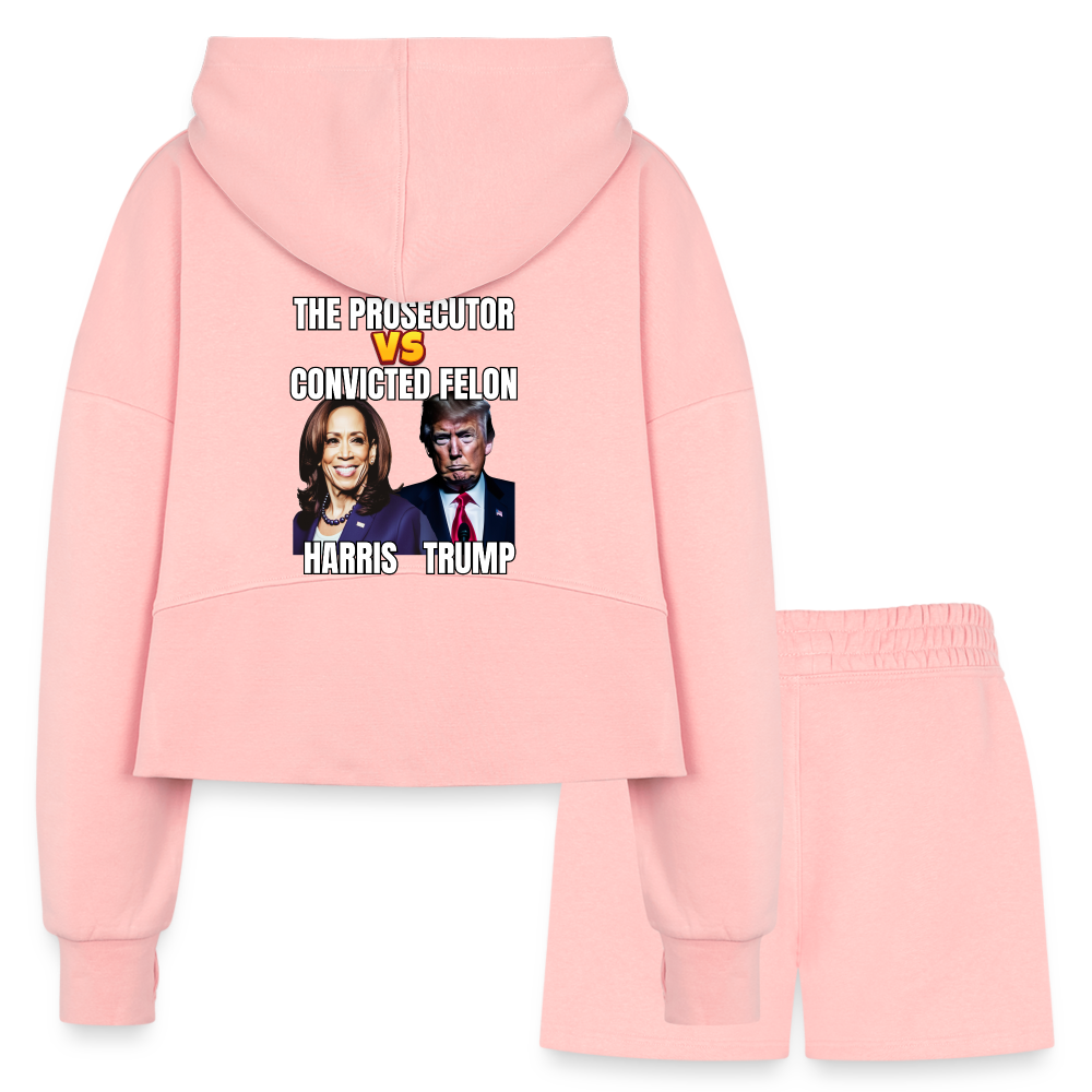 Kamala Harris Versus Donald Trump, The prosecutor faces the convicted felon. Women’s Cropped Hoodie & Jogger Short Set - light pink