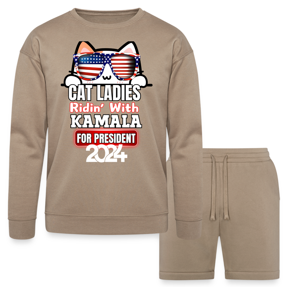 Cat Ladies ridin with Kamala Harris for presidents. Bella + Canvas Unisex Sweatshirt & Short Set - tan