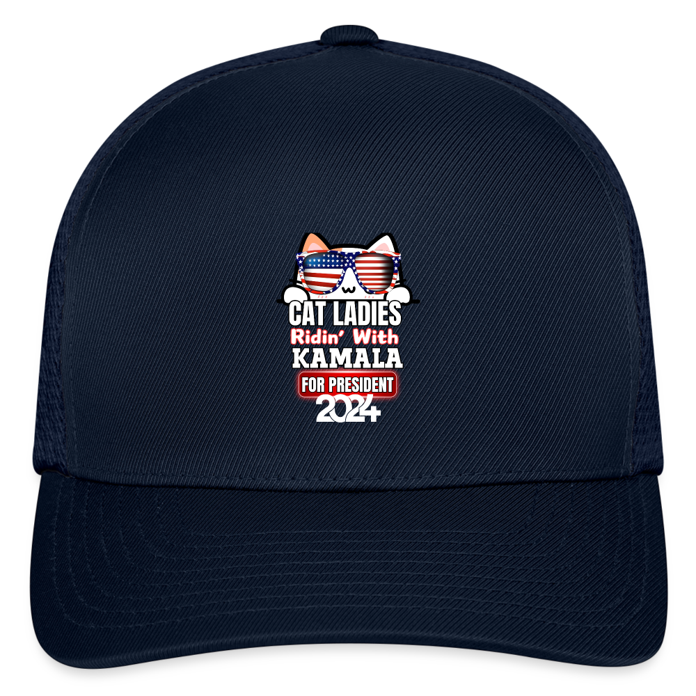 Cat Ladies ridin with Kamala Harris for presidents. Flexfit Fitted Baseball Cap - navy