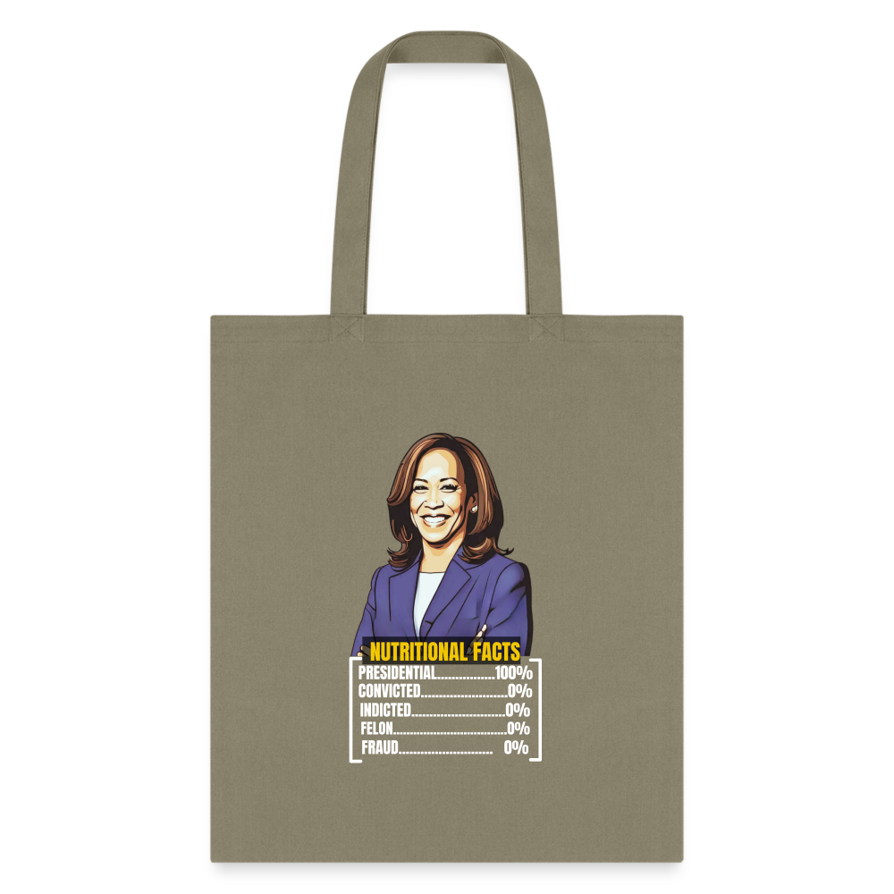 Kamala Harris 2024 presidential nutrition facts, Tote Bag - khaki