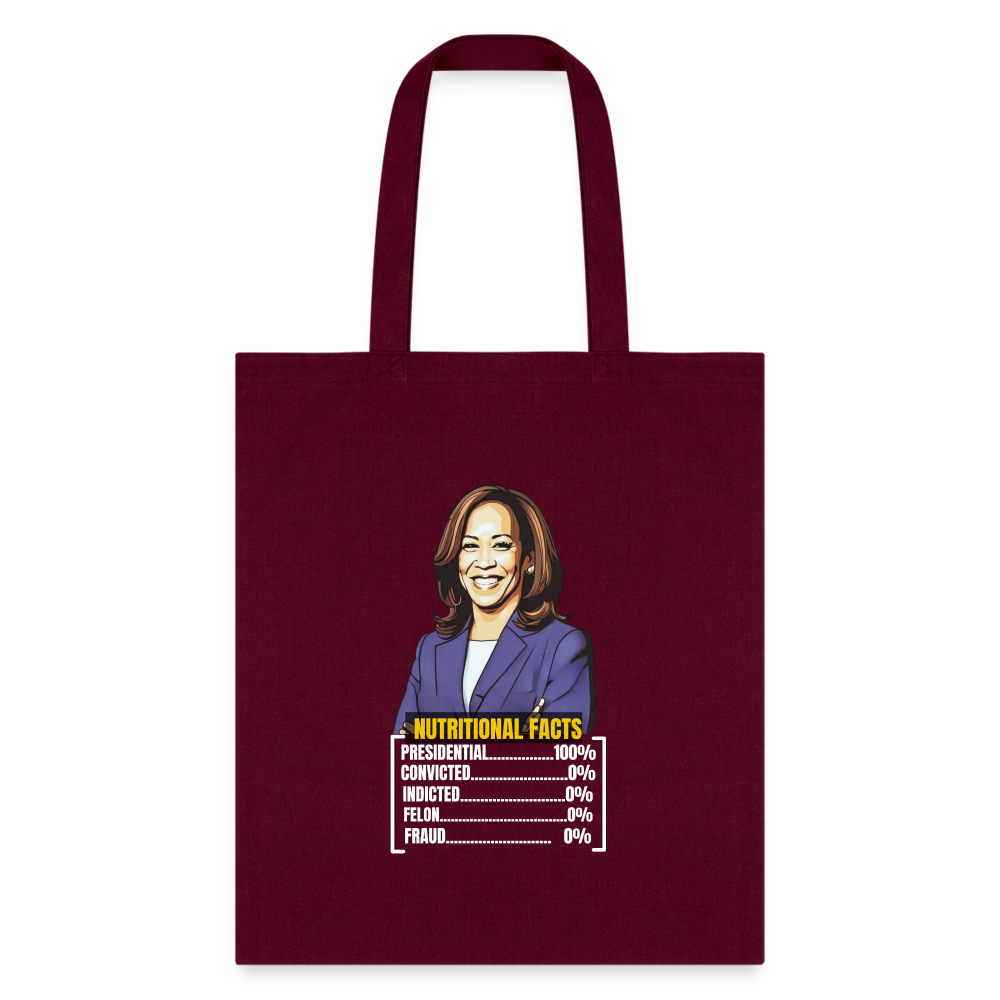 Kamala Harris 2024 presidential nutrition facts, Tote Bag - burgundy