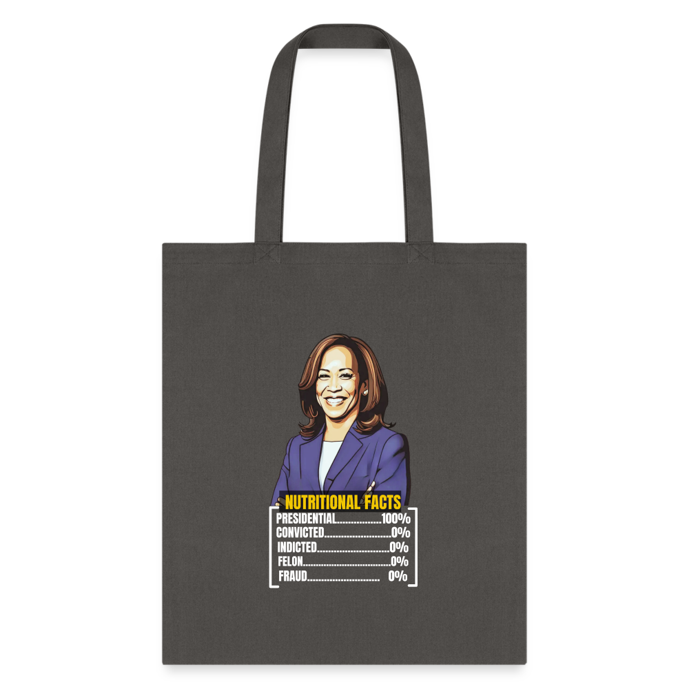 Kamala Harris 2024 presidential nutrition facts, Tote Bag - charcoal