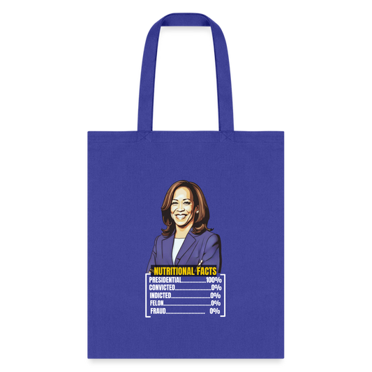 Kamala Harris 2024 presidential nutrition facts, Tote Bag - royal blue