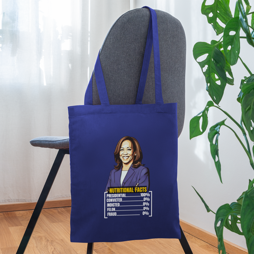 Kamala Harris 2024 presidential nutrition facts, Tote Bag - royal blue