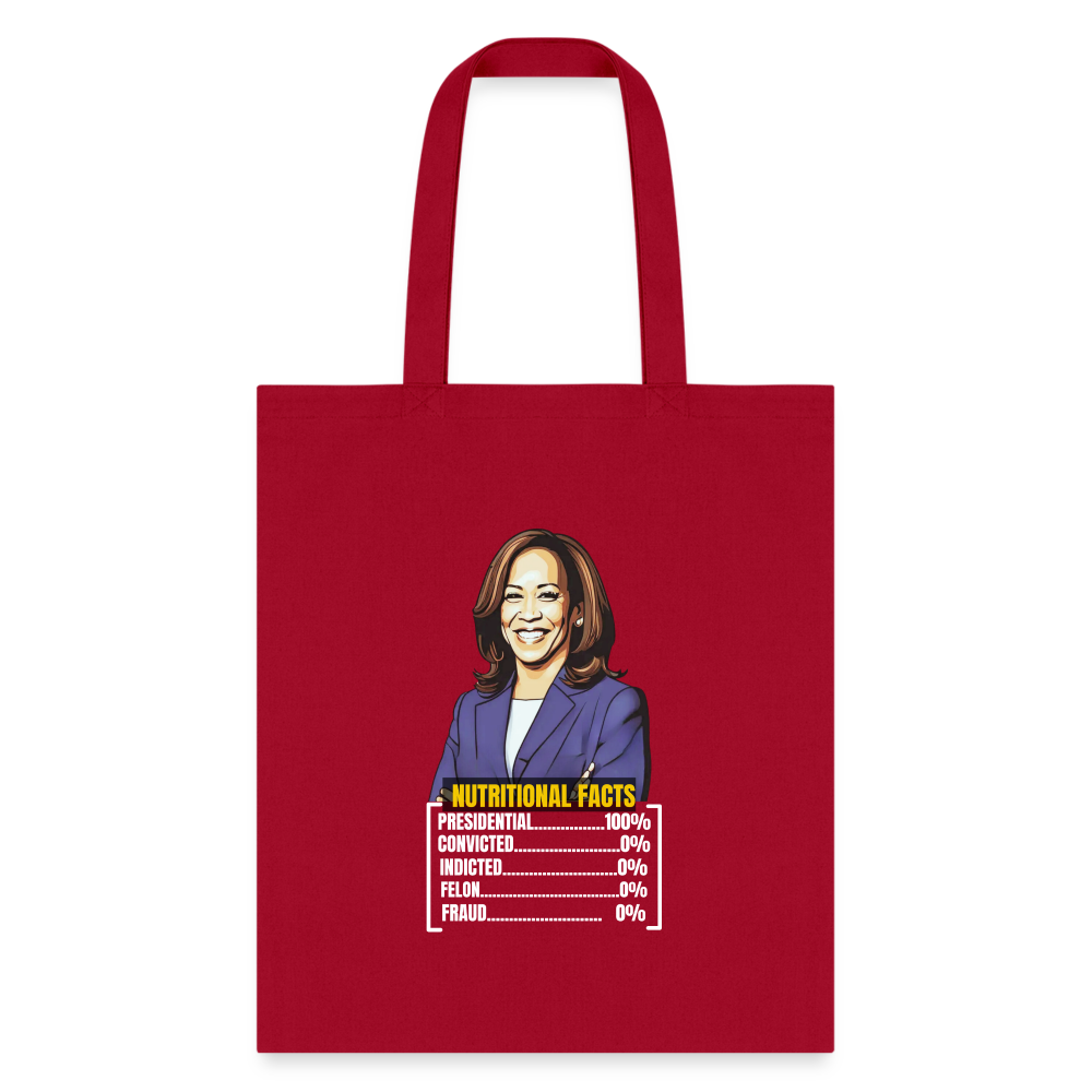 Kamala Harris 2024 presidential nutrition facts, Tote Bag - red