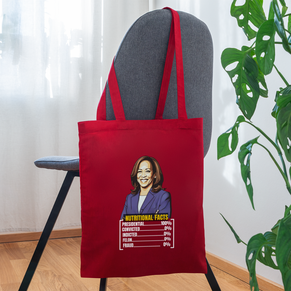 Kamala Harris 2024 presidential nutrition facts, Tote Bag - red