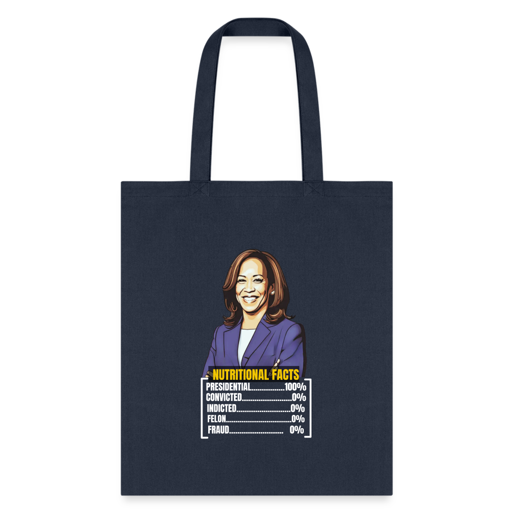 Kamala Harris 2024 presidential nutrition facts, Tote Bag - navy