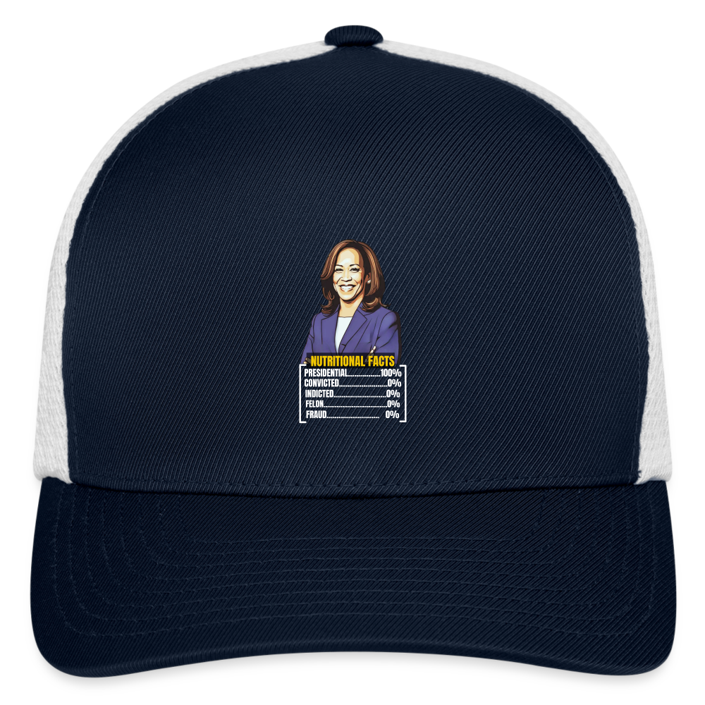 Kamala Harris 2024 presidential nutrition facts, Flexfit Fitted Baseball Cap - navy/white