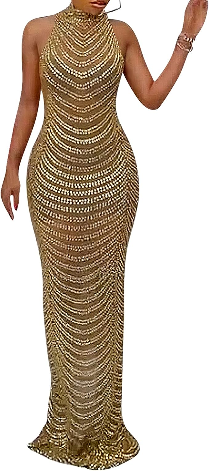 PORRCEY Women's Sexy Rhinestone Sleeveless Night Club Dress Party